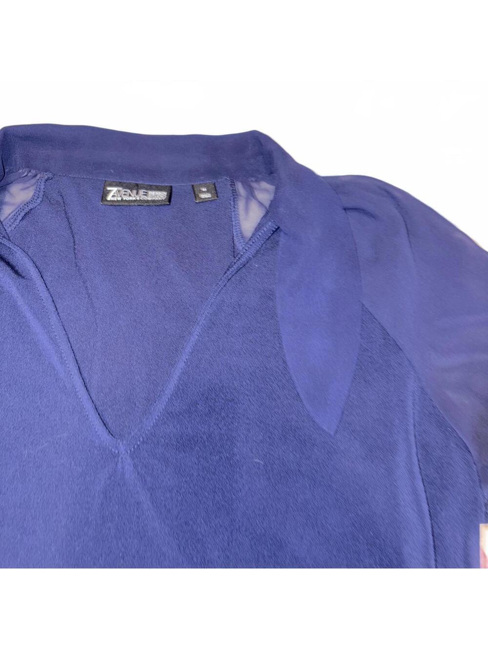 7th Avenue New York & Company Womans Med Navy Blue Knit Blouse with Sheer Sleeve - Picture 4 of 6